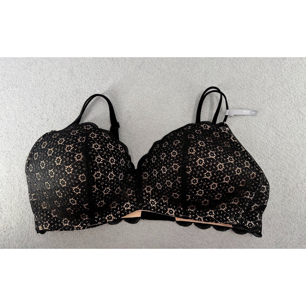 Aerie Bra Size 36D Nude Black Real Happy Wire-Free Lightly Lined Full Coverage